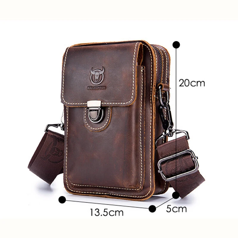 (image for) BULLCAPTAIN Men Casual Waist Bag Belt Purse Genuine Leather Multifunctional Shoulder Messbage Bag Mobile Phone Crossbody Bags Waist Pack